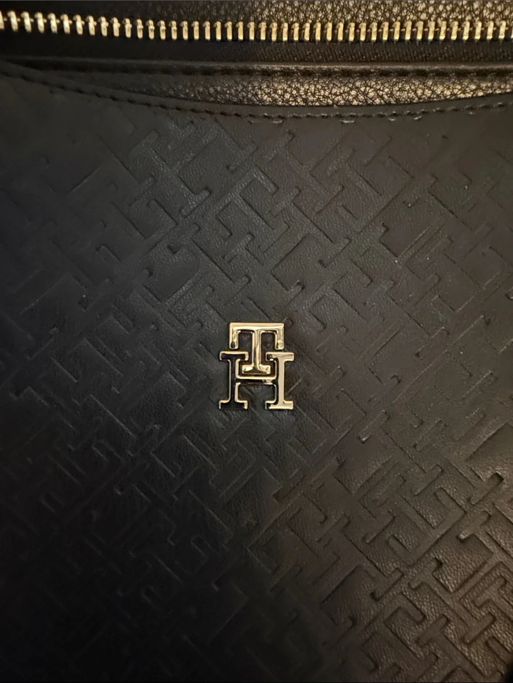 Tommy Hilfiger Black Embossed Leather Messenger Tote with Removable Strap